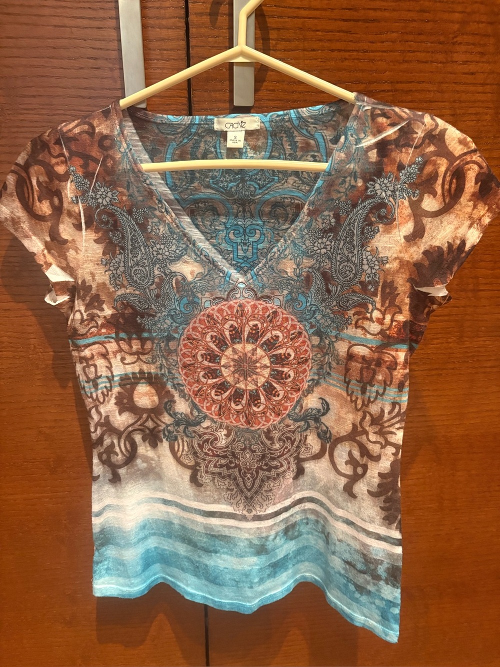 Cache Boho Medallion Print V-Neck Short Sleeve Top - Teal & Brown